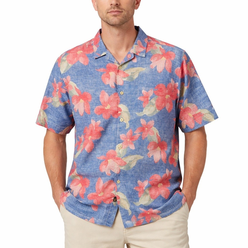 Tommy Bahama Mens Large Blue Linen Floral Tropical Hawaiian Shirt Original Fit L